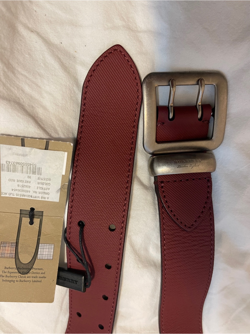 Burberry Red Leather Men's Belt with Aged Silver Buckle